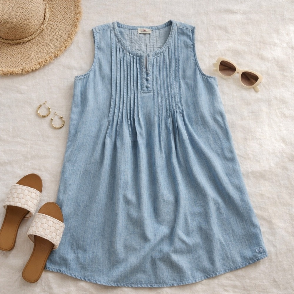 Vineyard Vines Womens Blue Tencel Lyocell Pintuck Sleeveless Shift Dress 134578